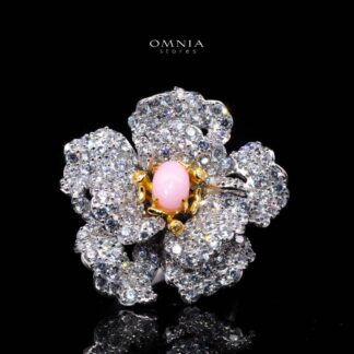 Omnia Sihab Pink Coral Flower Silver Ring in 925 Silver High Quality White Simulated Diamond Stones