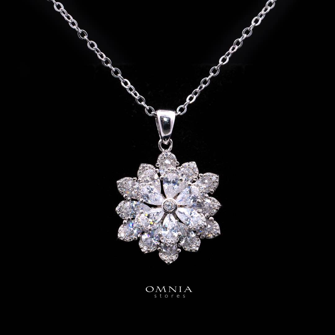 Omnia Damiyah White Floral Silver Pendant Necklace in 925 Silver with High Quality Simulated Diamonds