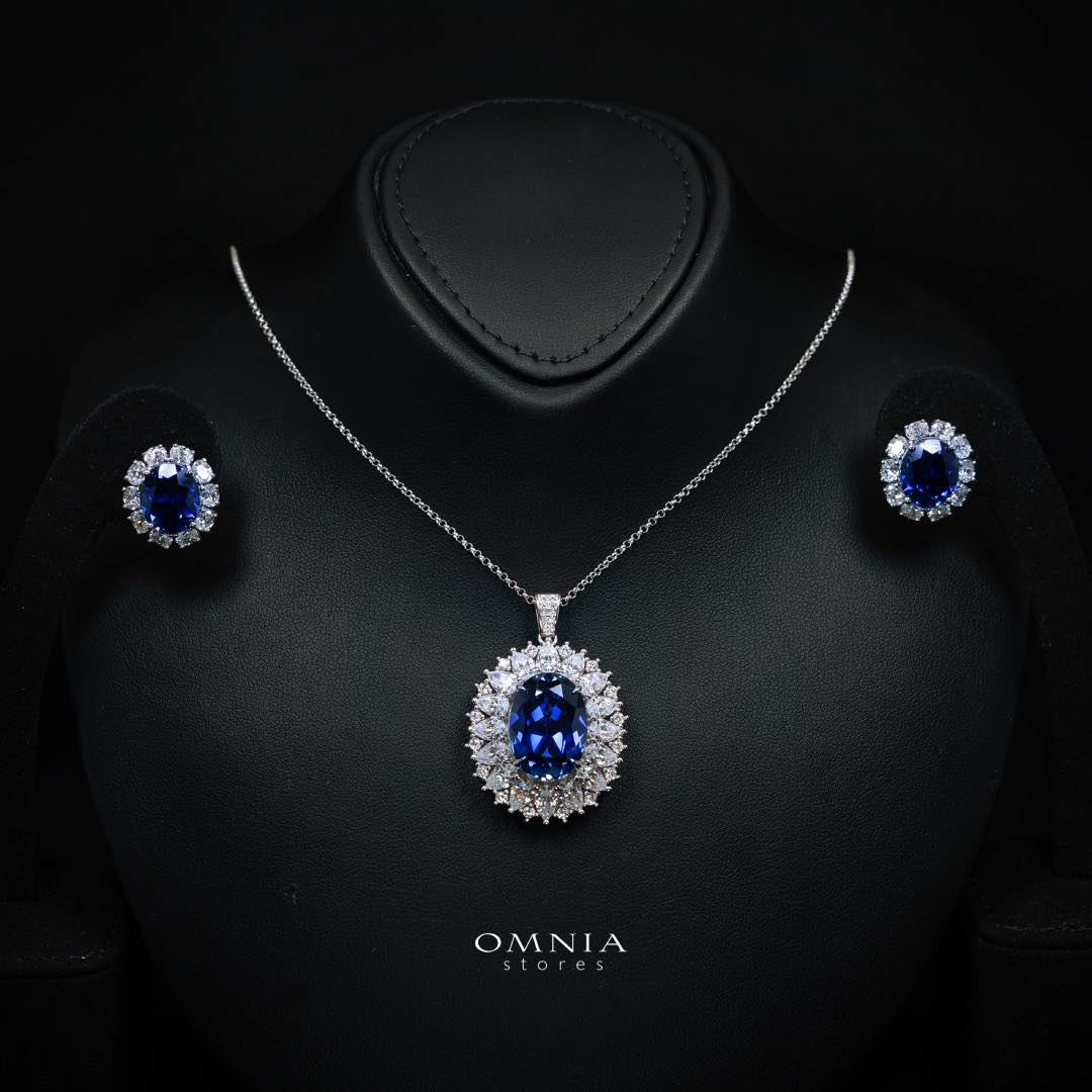 Zayra Lab Grown With GRC Certified Saphhire Blue Stones Necklace and Earrings Set in 925 Silver