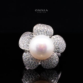 Omnia Najaah Floral Fresh Water Pearl Ring in 925 Silver In High Quality Simulated Diamonds