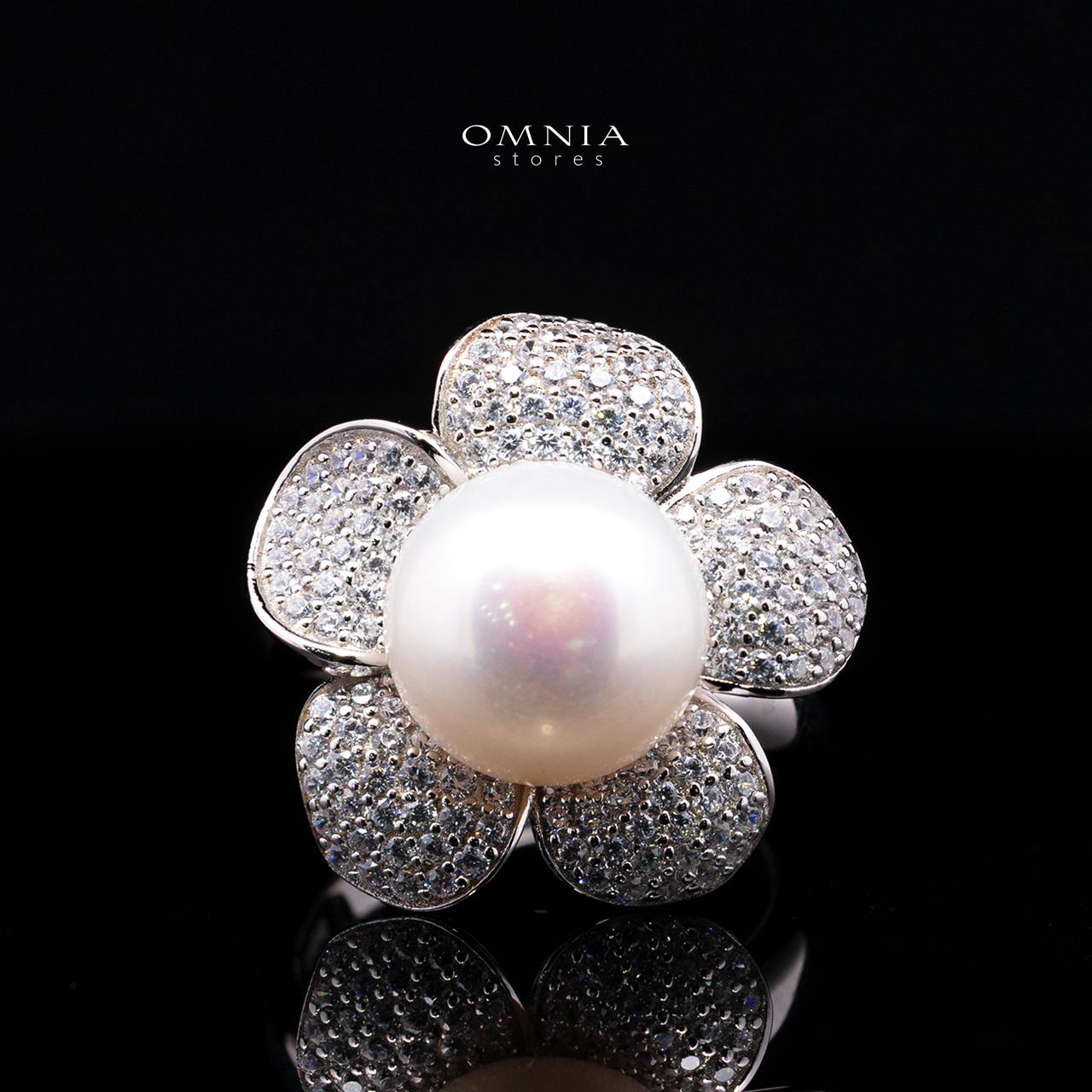 Omnia Najaah Floral Fresh Water Pearl Ring in 925 Silver In High Quality Simulated Diamonds