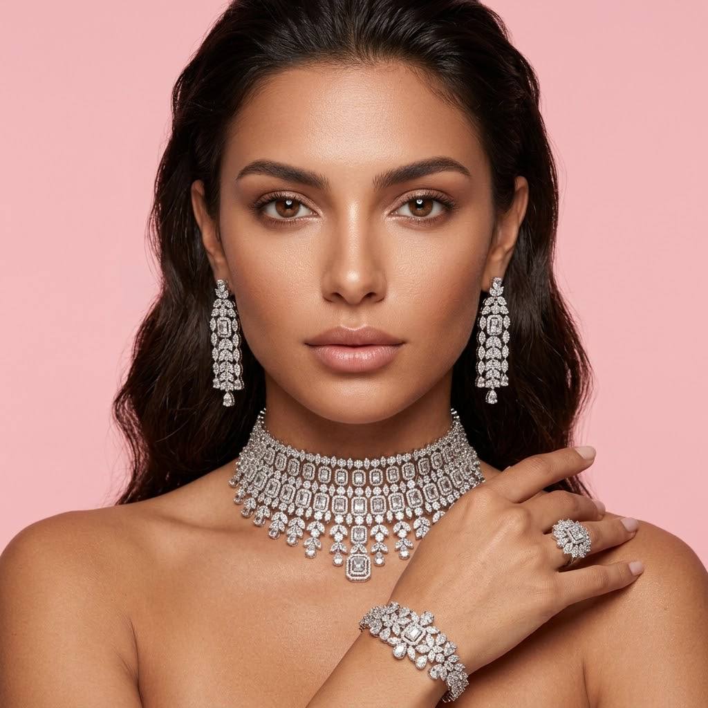 Omnia Kaila Luxury Bridal White Choker Full Set in High Quality Zircon Stone Rhodium Plated - Image 3