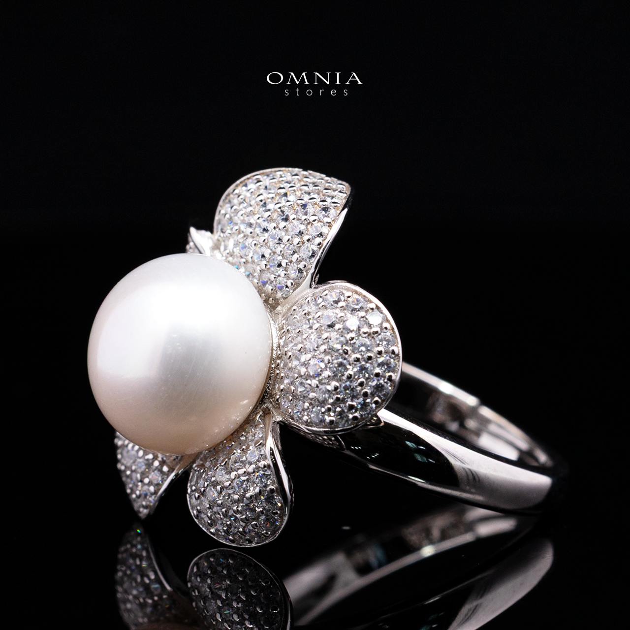 Omnia Najaah Floral Fresh Water Pearl Ring in 925 Silver In High Quality Simulated Diamonds - Image 2