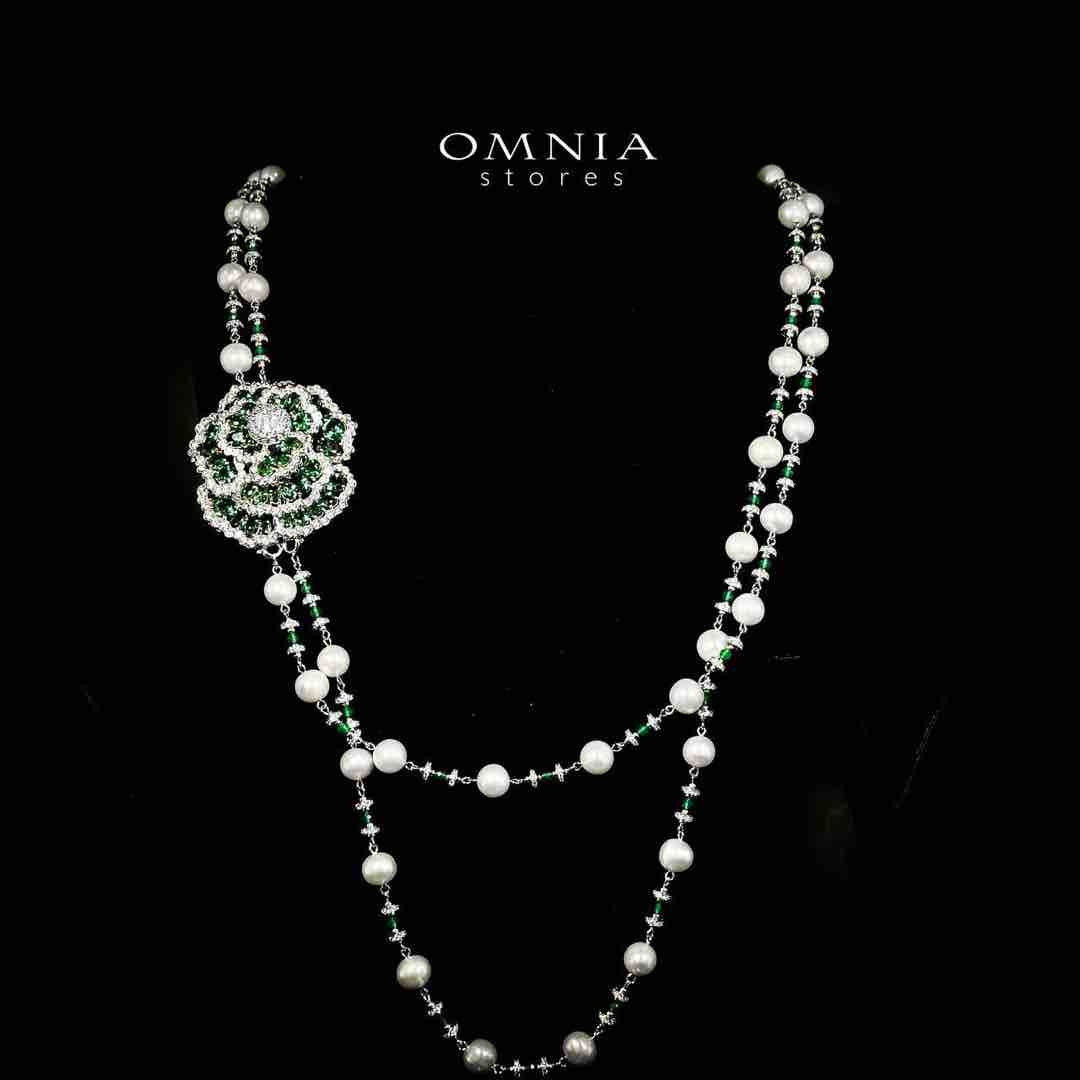 Omnia Nadia Green and White Silver with Real Fresh Pearl Long Chain Necklace in 925 Silver High Quality Simulated Diamond Stones - Image 2