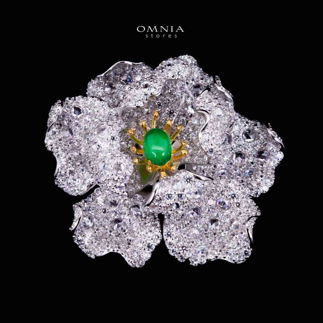 Omnia Riyana Green and Gold Flower Brooch in 925 Silver High Quality Simulated Diamond Stones - Image 2