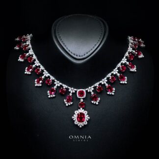 Omnia Alyah White and Red Necklace With High Quality GRC Certified Ruby Lab Grown Stones in 925 Silver