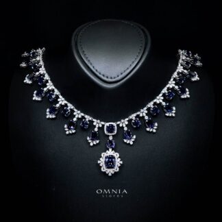Omnia Alyah White and Blue Necklace With High Quality GRC Certified Sapphire Lab Grown Stones in 925 Silver