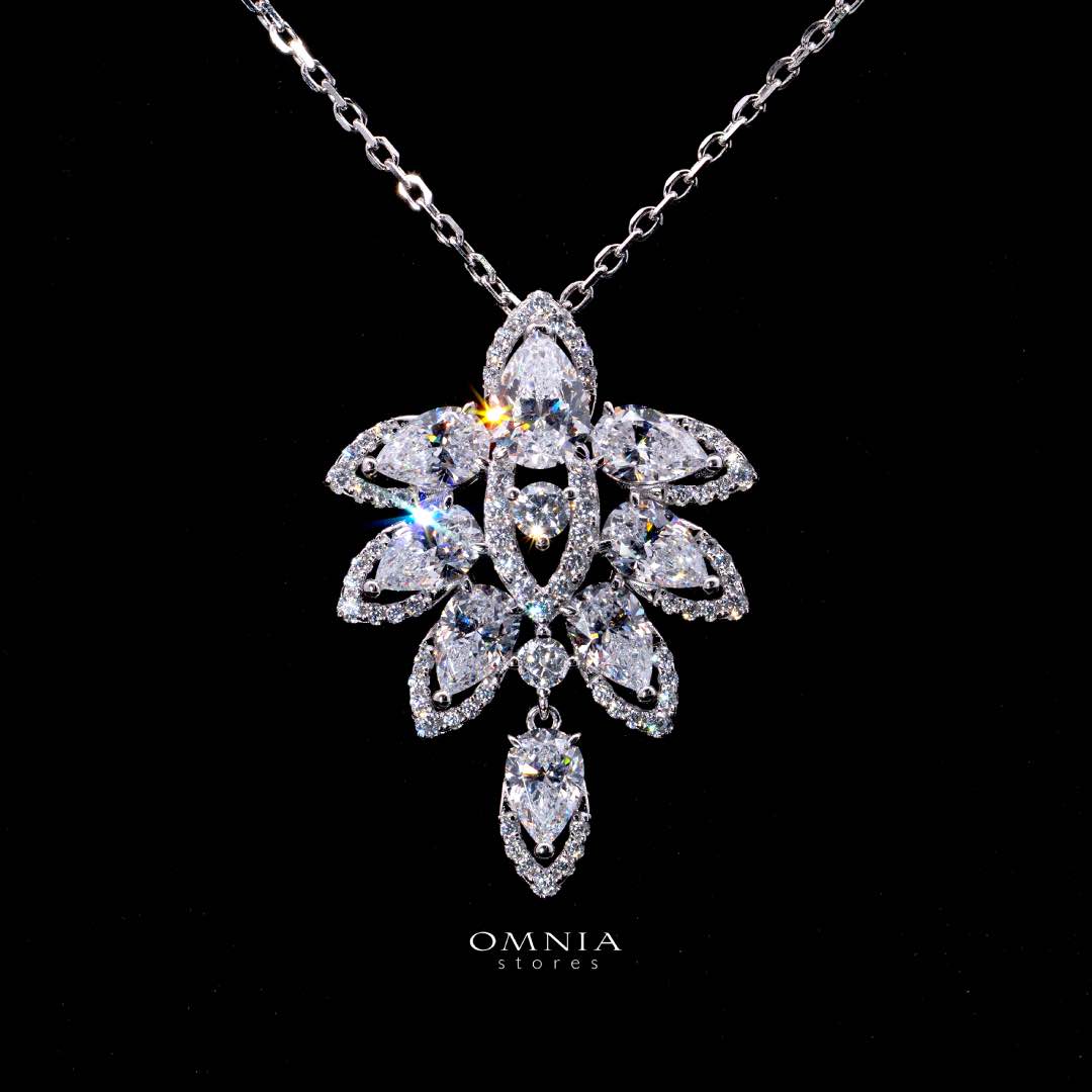 Omnia Nyza White Floral Pendant Necklace With High Quality Certified Lab Crafted Stones In 925 Silver