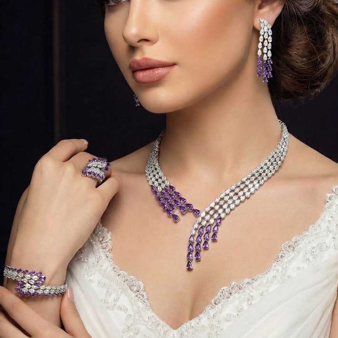 Omnia Amrah Luxury Bridal White and Purple Full Set in High Quality Zircon Stone Rhodium Plated - Image 2