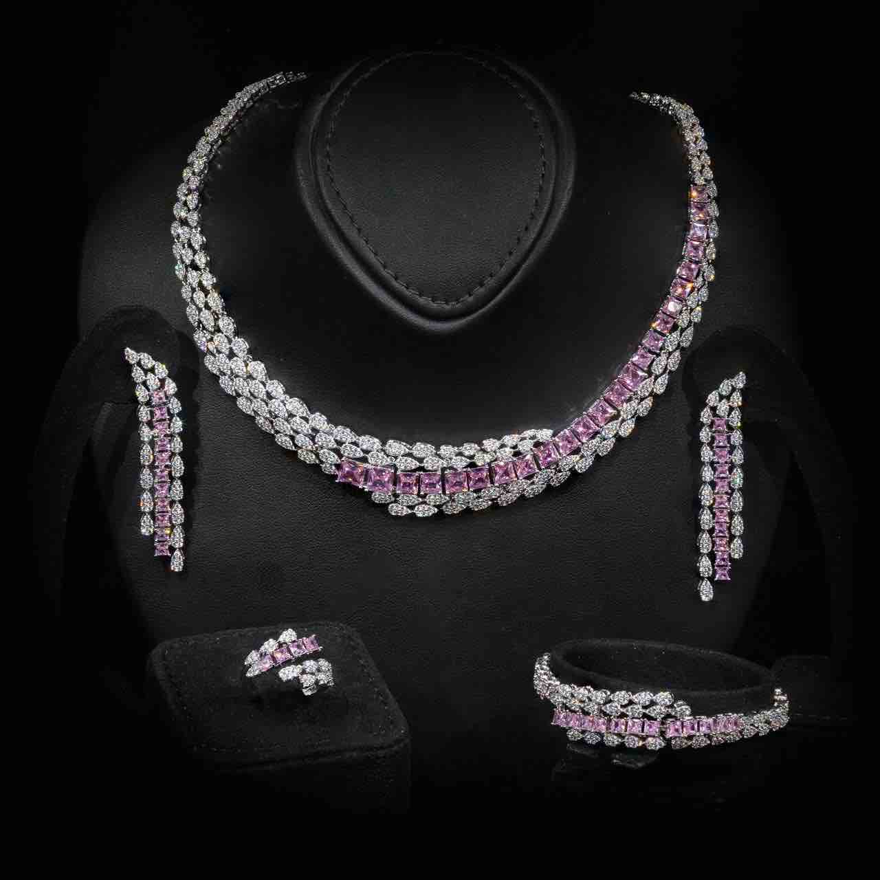 Omnia Trinity Pink Luxury Bridal Full Set in High Quality Zircon Stone in Rhodium Plated - Image 2