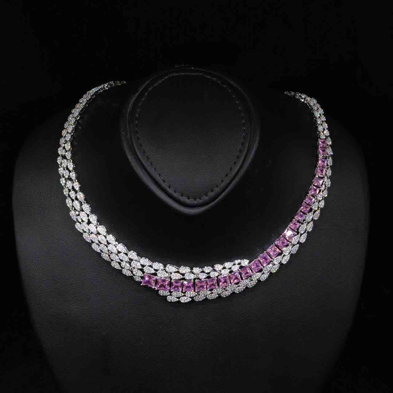 Omnia Trinity Pink Luxury Bridal Full Set in High Quality Zircon Stone in Rhodium Plated - Image 3
