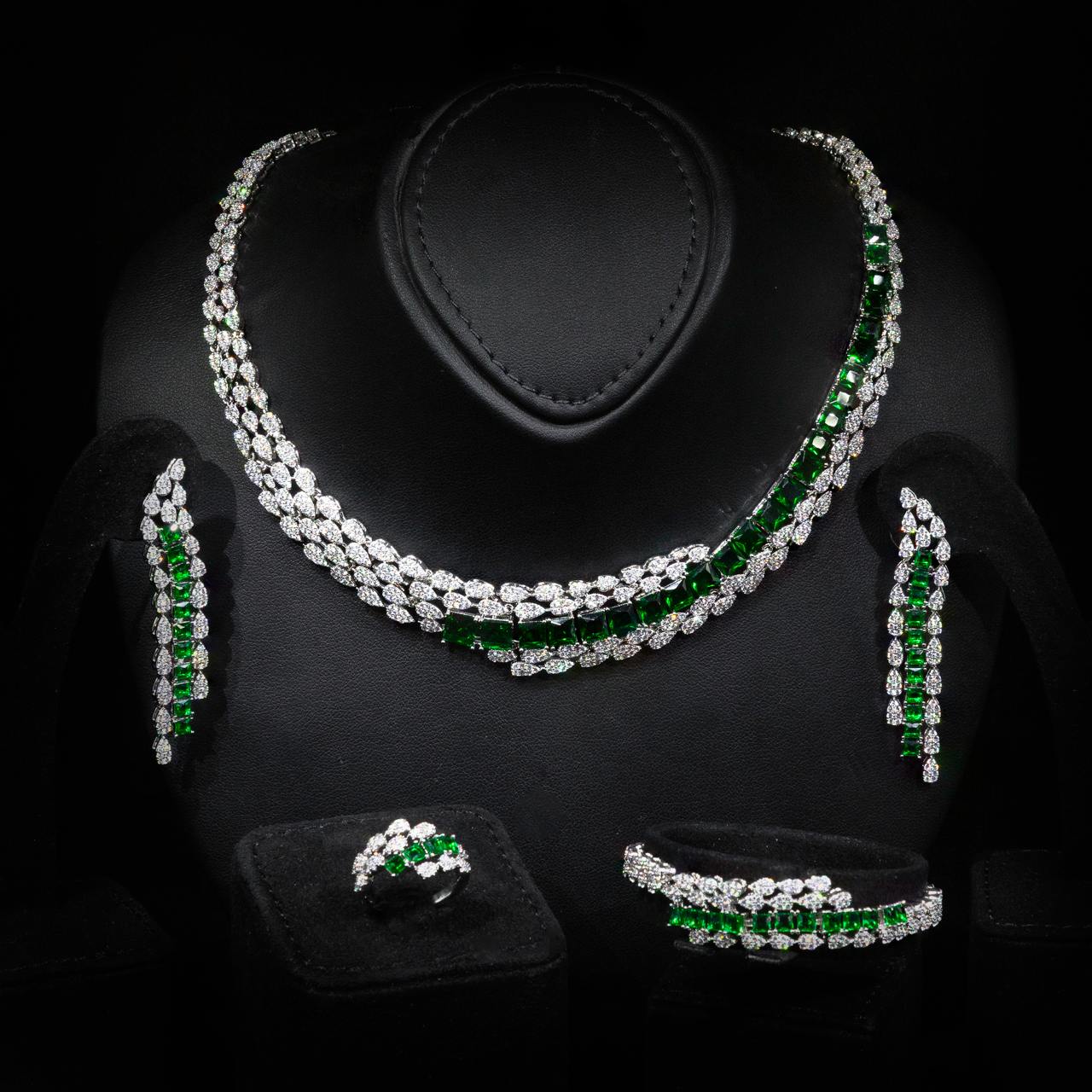 Omnia Trinity Green Luxury Bridal Full Set in High Quality Zircon Stone in Rhodium Plated - Image 4