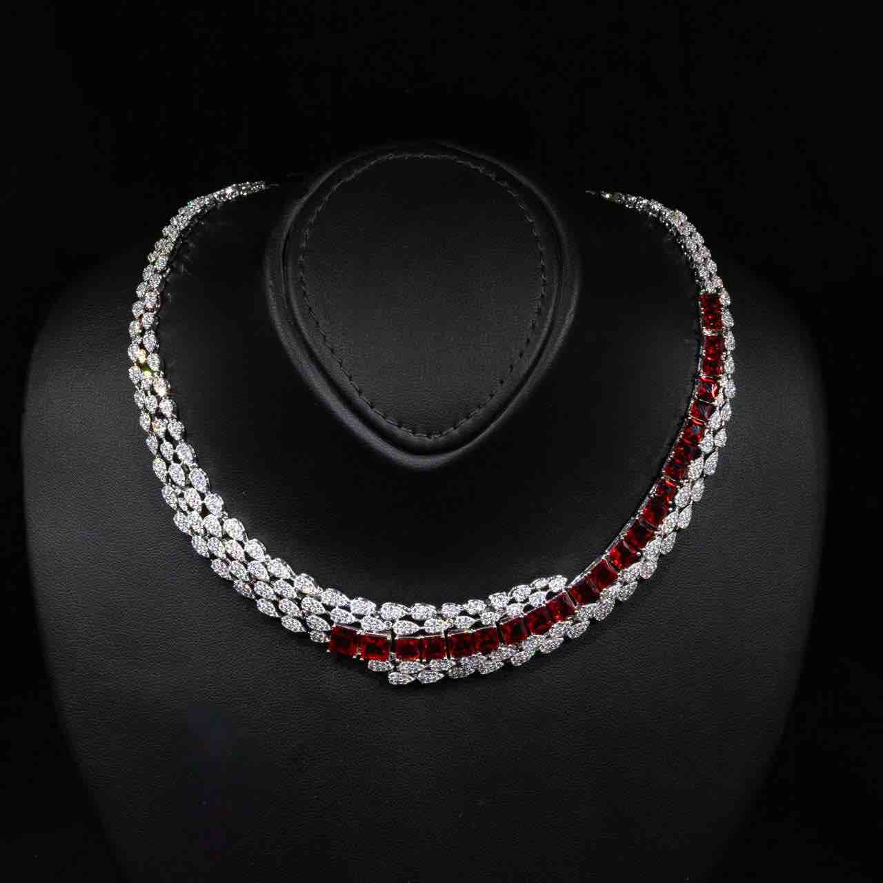 Omnia Trinity Red Luxury Bridal Full Set in High Quality Zircon Stone in Rhodium Plated - Image 2