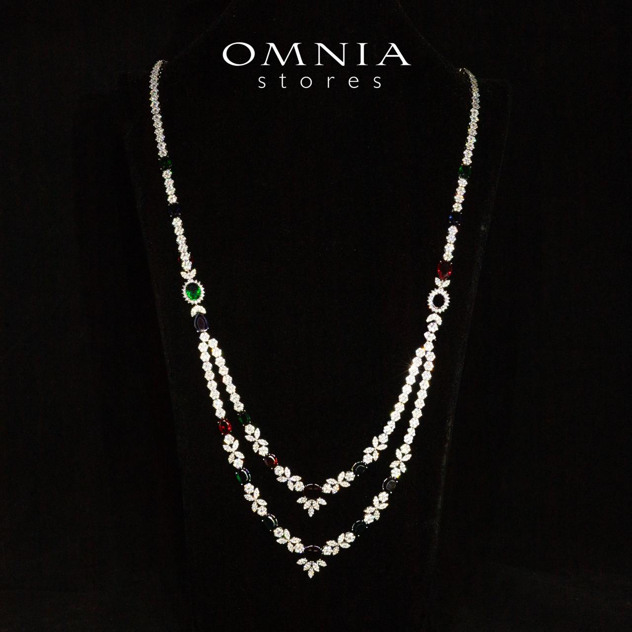 Omnia Jade Red, Green and Blue Bridal Long Chain Set Accessories in High Quality Zircon Stone Rhodium Plated - Image 2