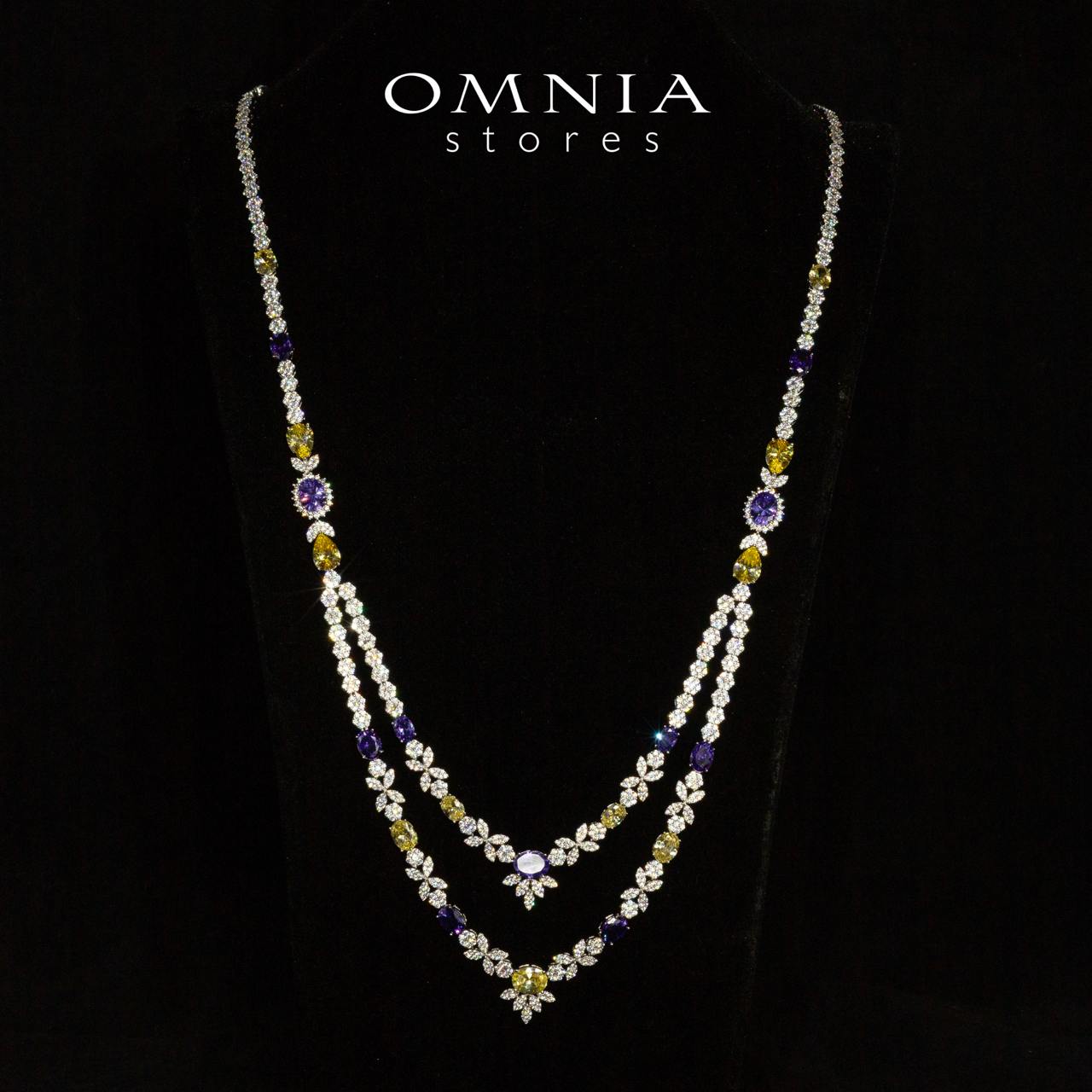 Omnia Jade Yellow and Purple Bridal Long Chain Set Accessories in High Quality Zircon Stone Rhodium Plated - Image 2