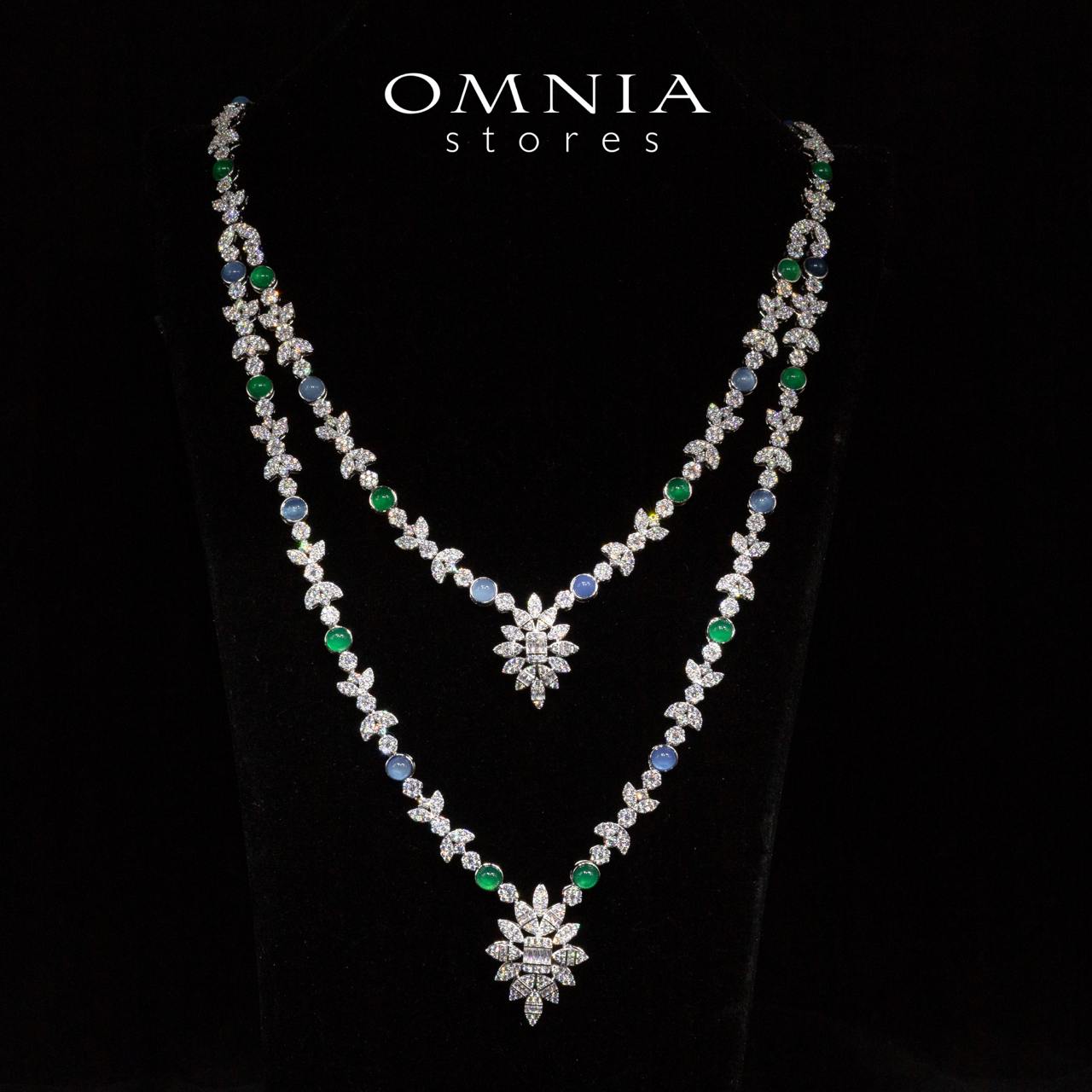 Omnia Keily Green and Blue Luxury Bridal Long Chain Full Set in High Quality Zircon Stone Rhodium Plated - Image 2