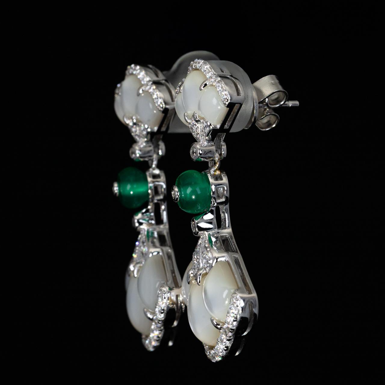Omnia Alita White and Green Drop Earrings With High Quality Simulated Diamonds In 925 Silver - Image 2