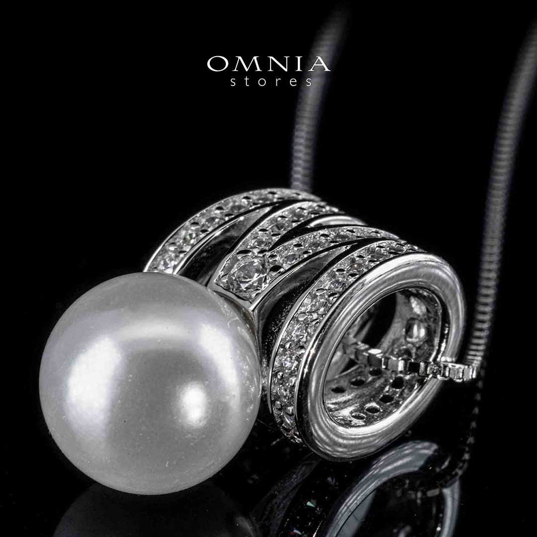 Omnia Shaira White Pearl Pendant Necklace With High Quality Simulated Diamonds In 925 Silver - Image 2