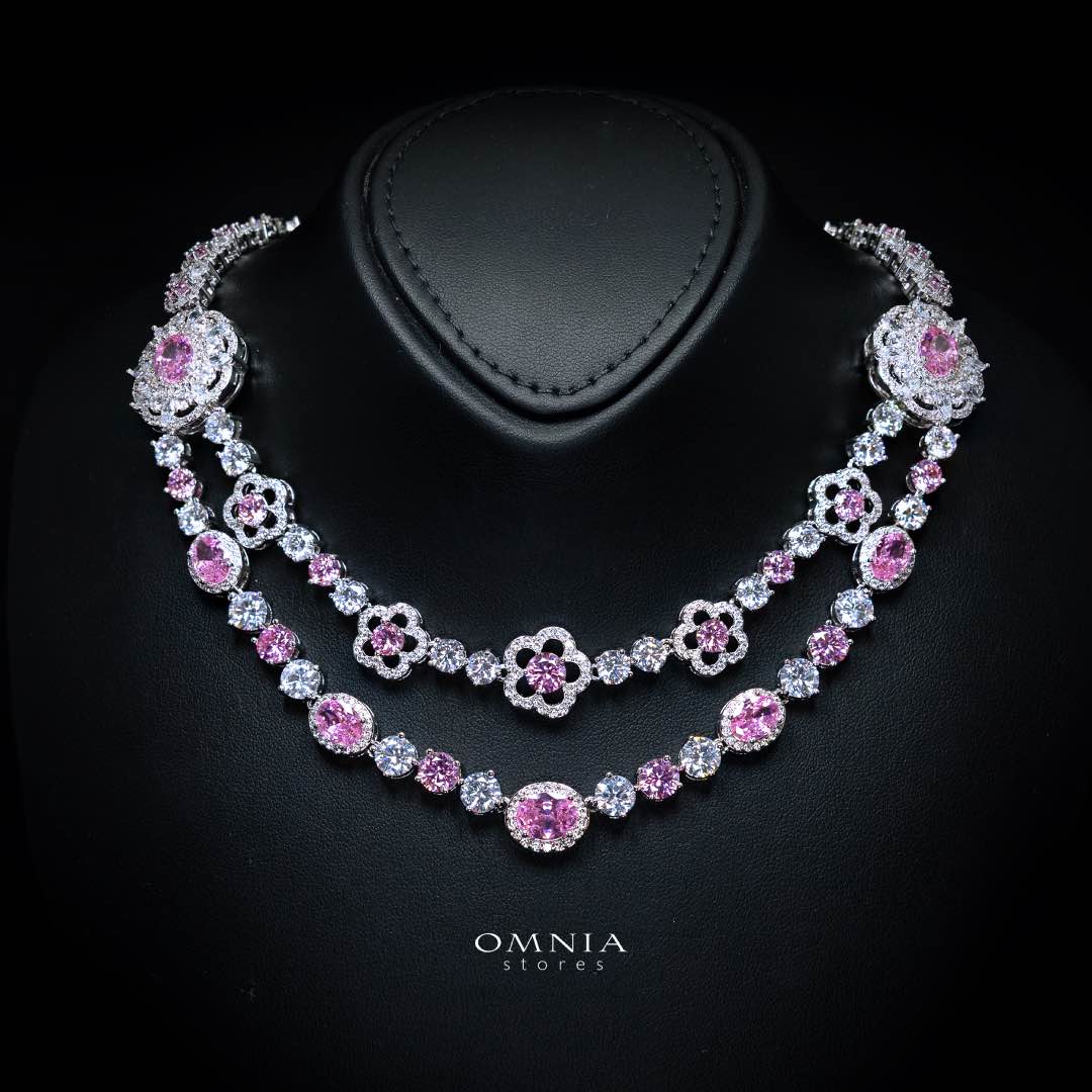 Omnia Esra Pink Luxury Bridal Full Set in High Quality Simulated Diamond Rhodium Plated - Image 2