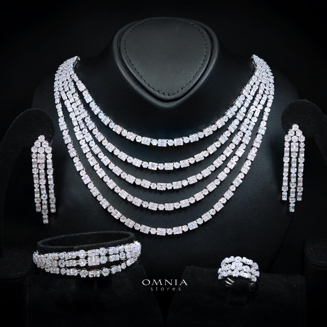 Omnia Abby White Layered Luxury Bridal Full Set in High Quality Rhodium Plated Zircon Stones