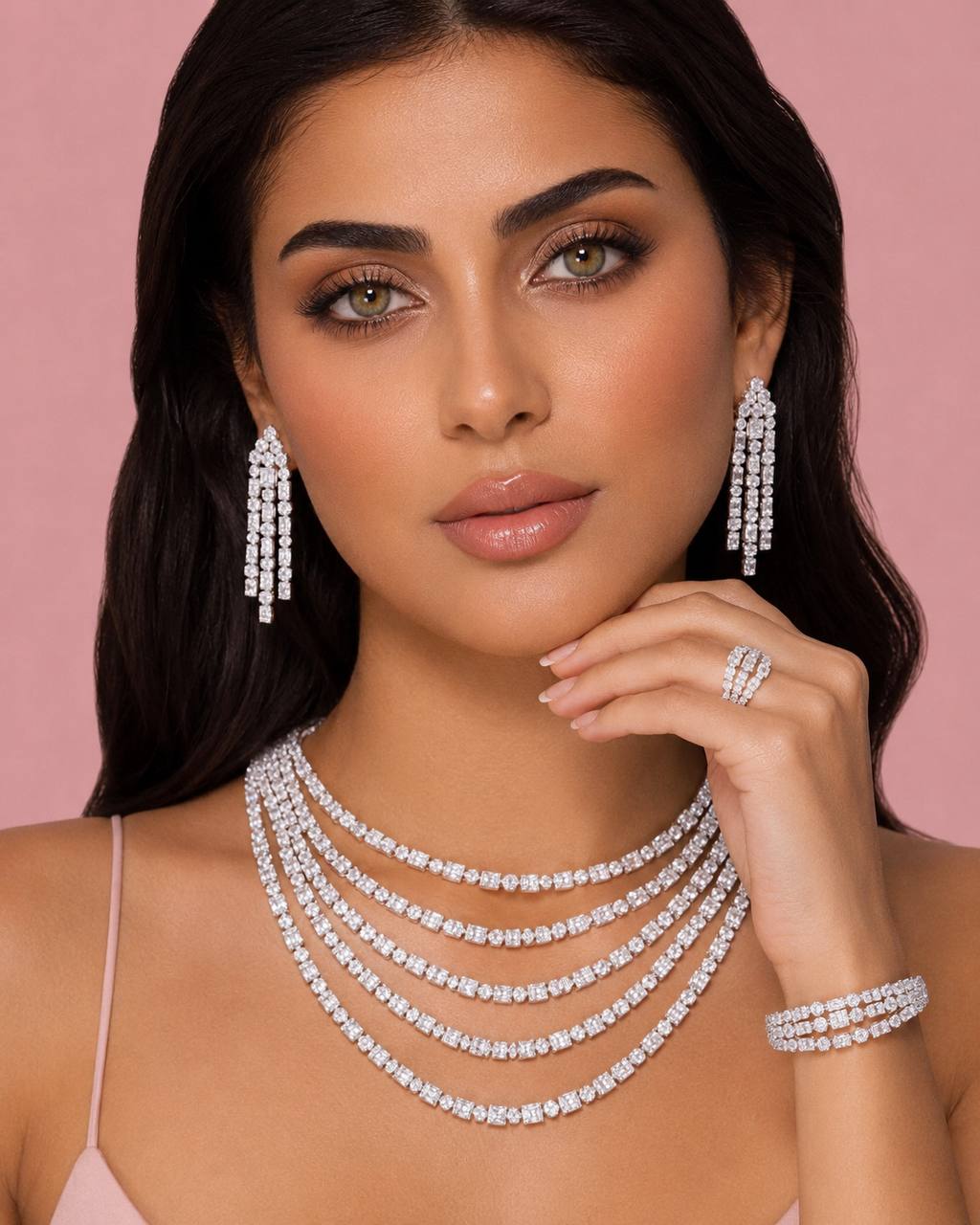 Omnia Abby White Layered Luxury Bridal Full Set in High Quality Rhodium Plated Zircon Stones - Image 3