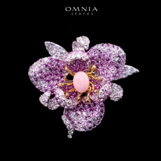 Omnia Sia Pink Coral Floral Brooch in 925 Silver High Quality Purple and White Simulated Diamonds