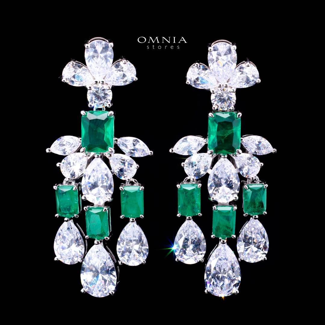 Omnia Ranim White and Green Floral Drop Earrings With High Quality Simulated Diamonds In 925 Silver - Image 3