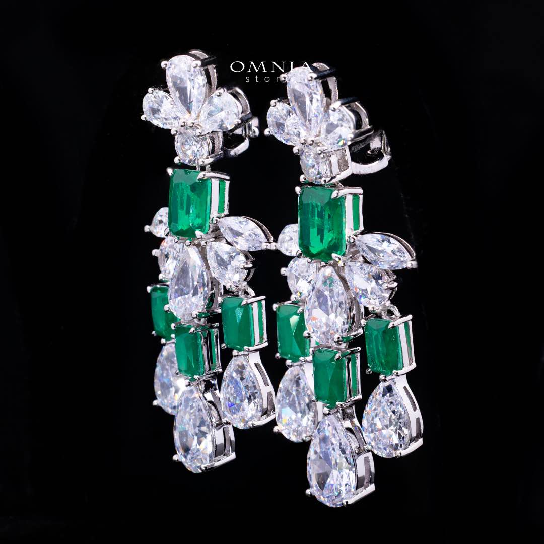 Omnia Ranim White and Green Floral Drop Earrings With High Quality Simulated Diamonds In 925 Silver - Image 4