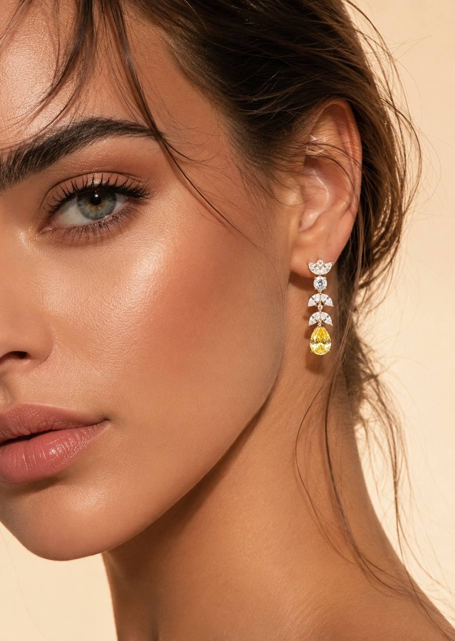 Omnia Dia White and Yellow Drop Earrings With High Quality Simulated Diamonds In 925 Silver - Image 3