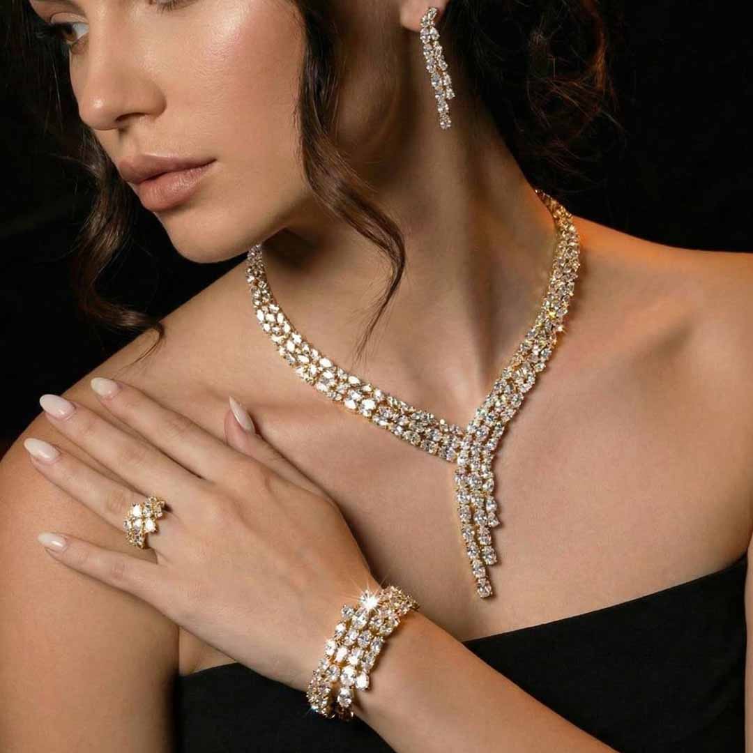 Omnia Millie Gold Luxury Bridal Full Set in High Quality Zircon Stone in Rhodium Plated - Image 2