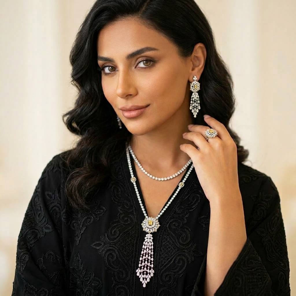 Omnia Ola Dark Yellow Bridal Long chain Set Accessories in High Quality Zircon Stone Rhodium Plated - Image 2