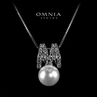 Omnia Shaira White Pearl Pendant Necklace With High Quality Simulated Diamonds In 925 Silver