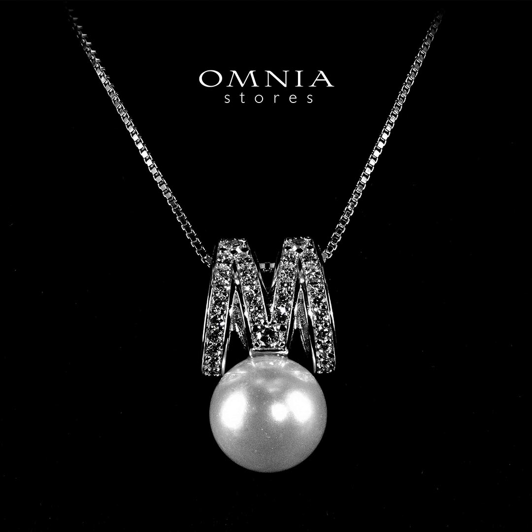 Omnia Shaira White Pearl Pendant Necklace With High Quality Simulated Diamonds In 925 Silver