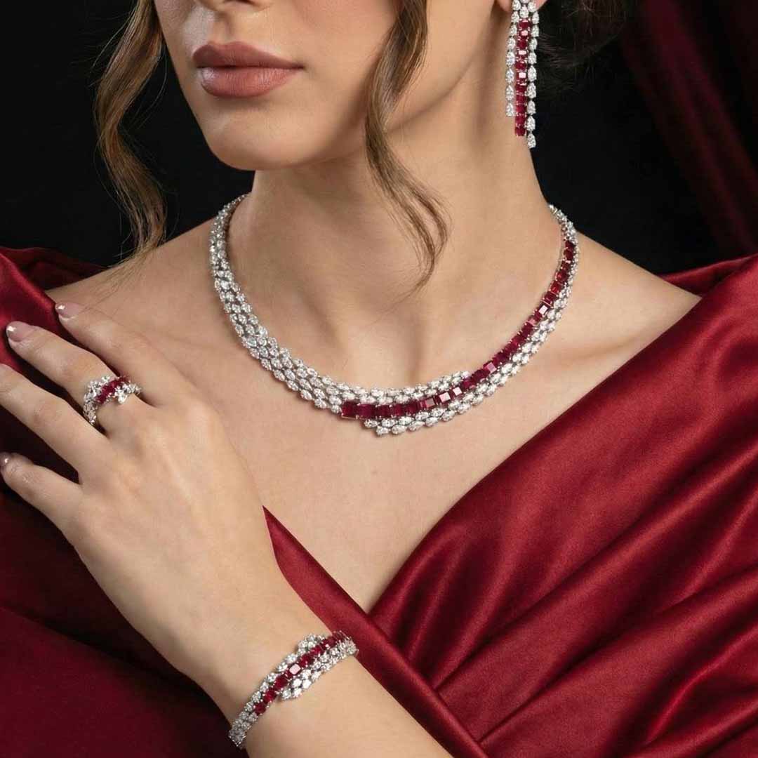 Omnia Trinity Red Luxury Bridal Full Set in High Quality Zircon Stone in Rhodium Plated - Image 3