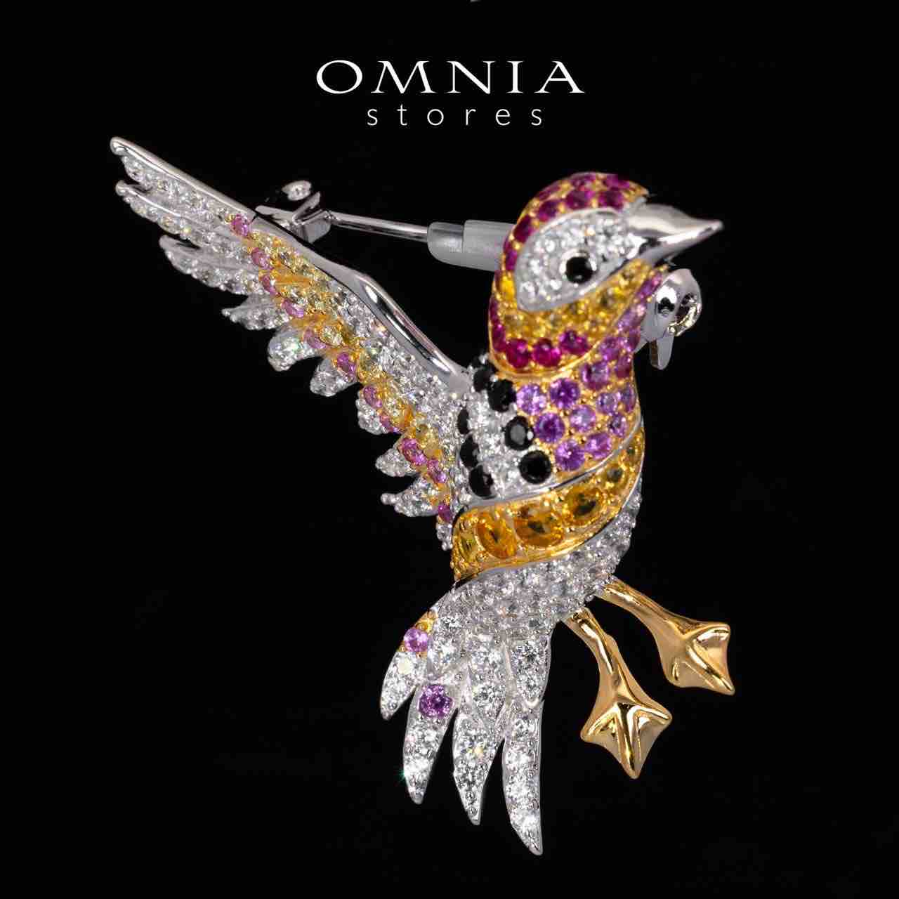 Omnia Zena Multicolor Brid Design Brooch With High Quality Simulated Diamonds in 925 Silver - Image 2