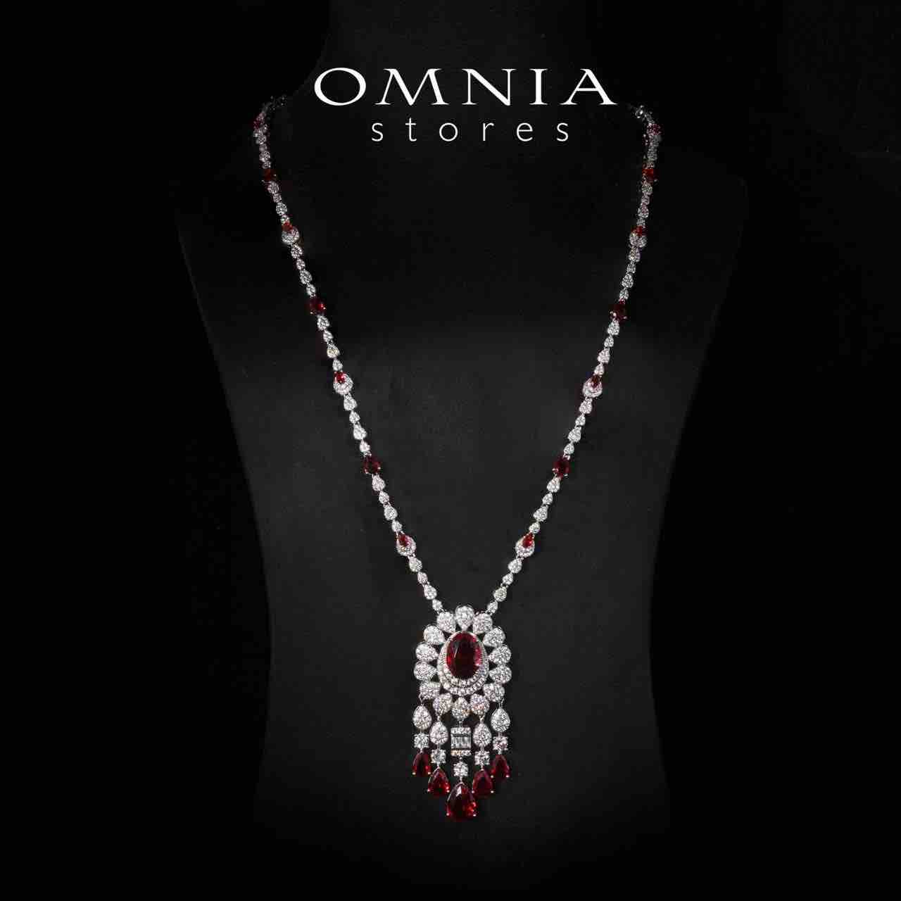 Aleya Red Luxury Bridal Full Long chain Set in High Quality Simulated Diamonds Rhodium Plated - Image 3