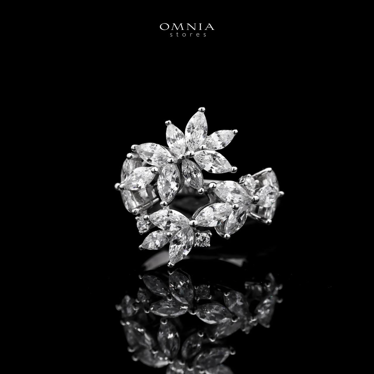 Abla White Floral Ring in 925 Silver with Marquise and Pear-Cut High-Quality Simulated Diamonds