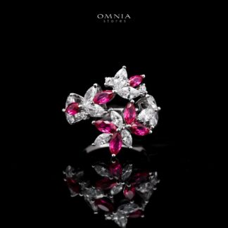 Abla Red Floral Ring in 925 Silver with Marquise and Pear-Cut High-Quality Simulated Diamonds