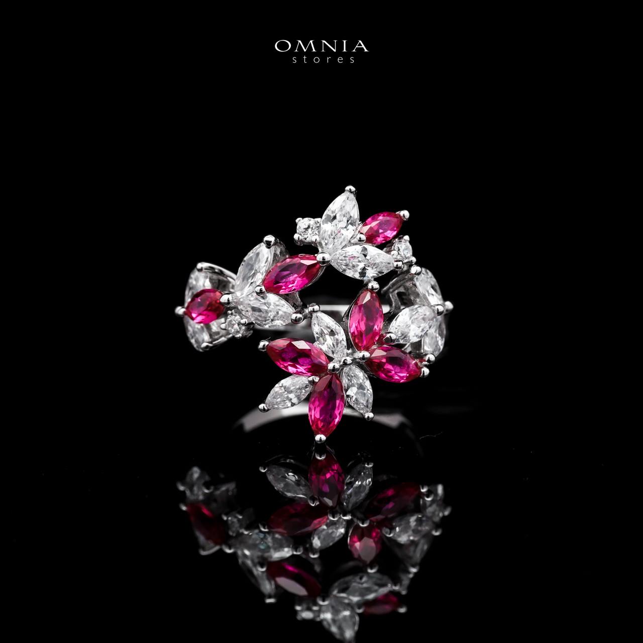 Abla Red Floral Ring in 925 Silver with Marquise and Pear-Cut High-Quality Simulated Diamonds