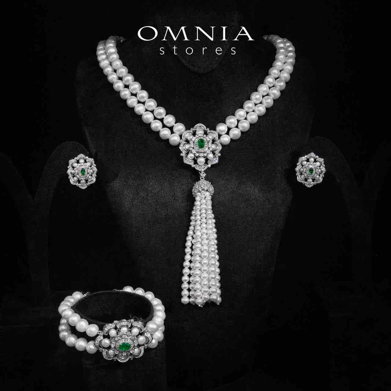 Sabine Green and White Pearl Long Chain, Bracelet and Earrings Set With High Quality Simulated Diamonds in 925 Silver