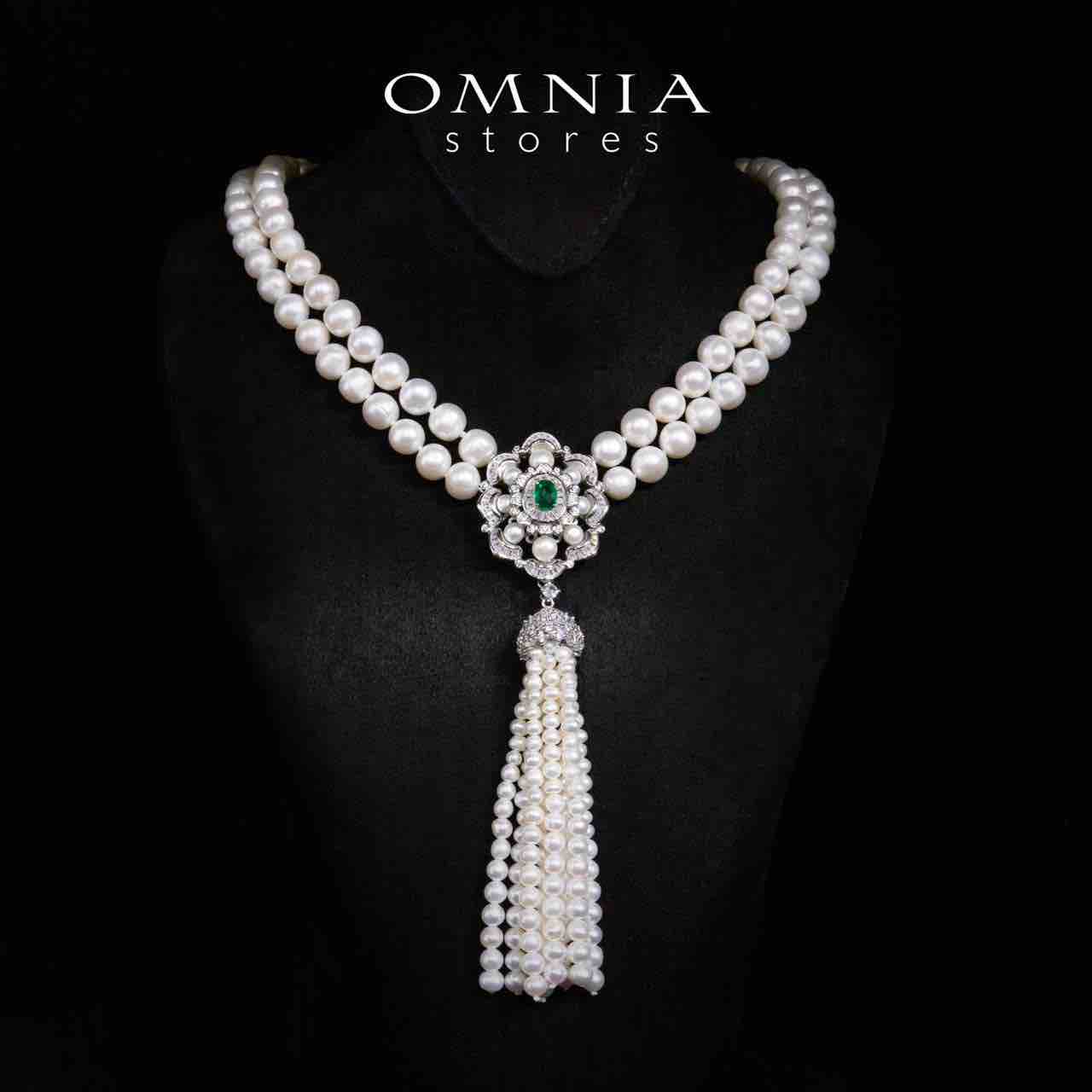 Sabine Green and White Pearl Long Chain, Bracelet and Earrings Set With High Quality Simulated Diamonds in 925 Silver - Image 3