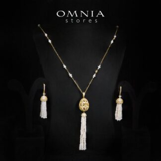 Kathy White Fresh Real Pearl Golden Long Chain Necklace and Drop Earrings Set With High Quality Simulated Diamonds in 925 Silver