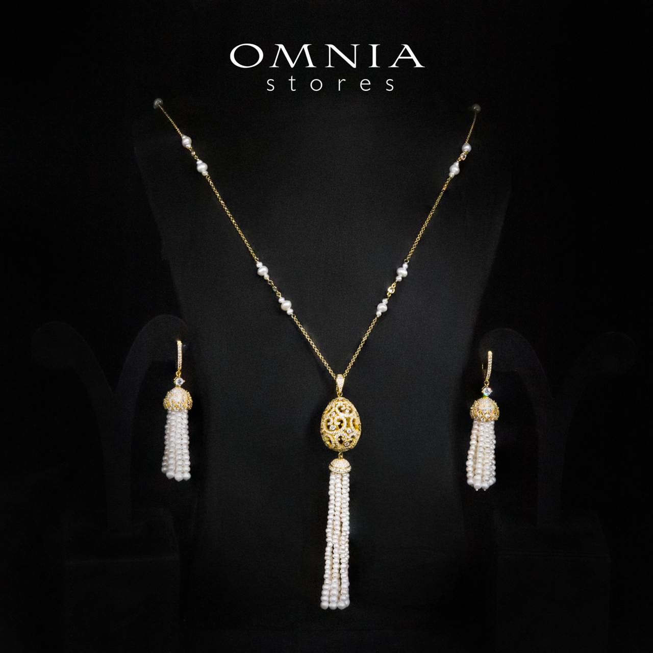 Kathy White Fresh Real Pearl Golden Long Chain Necklace and Drop Earrings Set With High Quality Simulated Diamonds in 925 Silver
