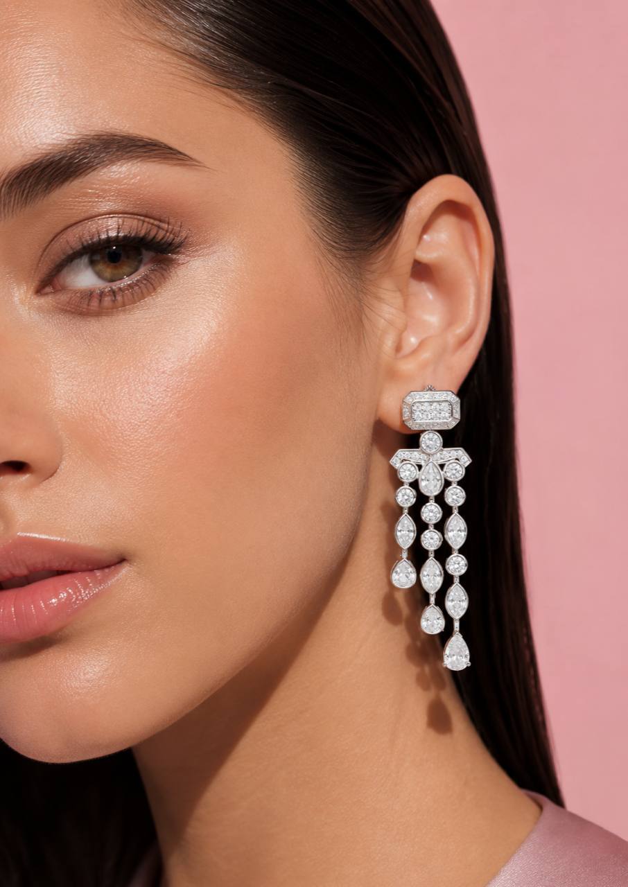 Omnia Anali White Drop Earrings With High Quality Simulated Diamonds in 925 Silver - Image 3