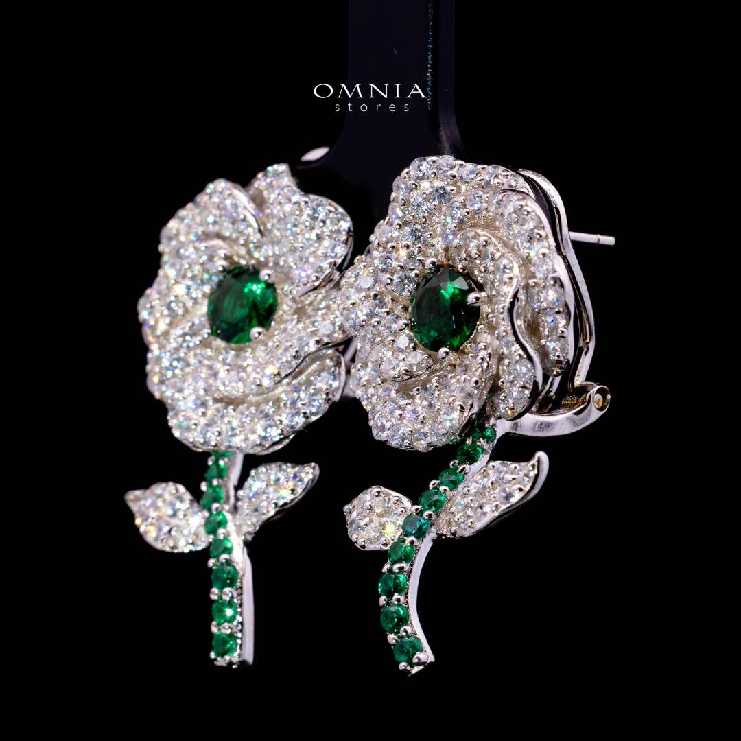 Omnia Rena White and Green Clip Earrings With High Quality Simulated Diamonds in 925 Silver - Image 2