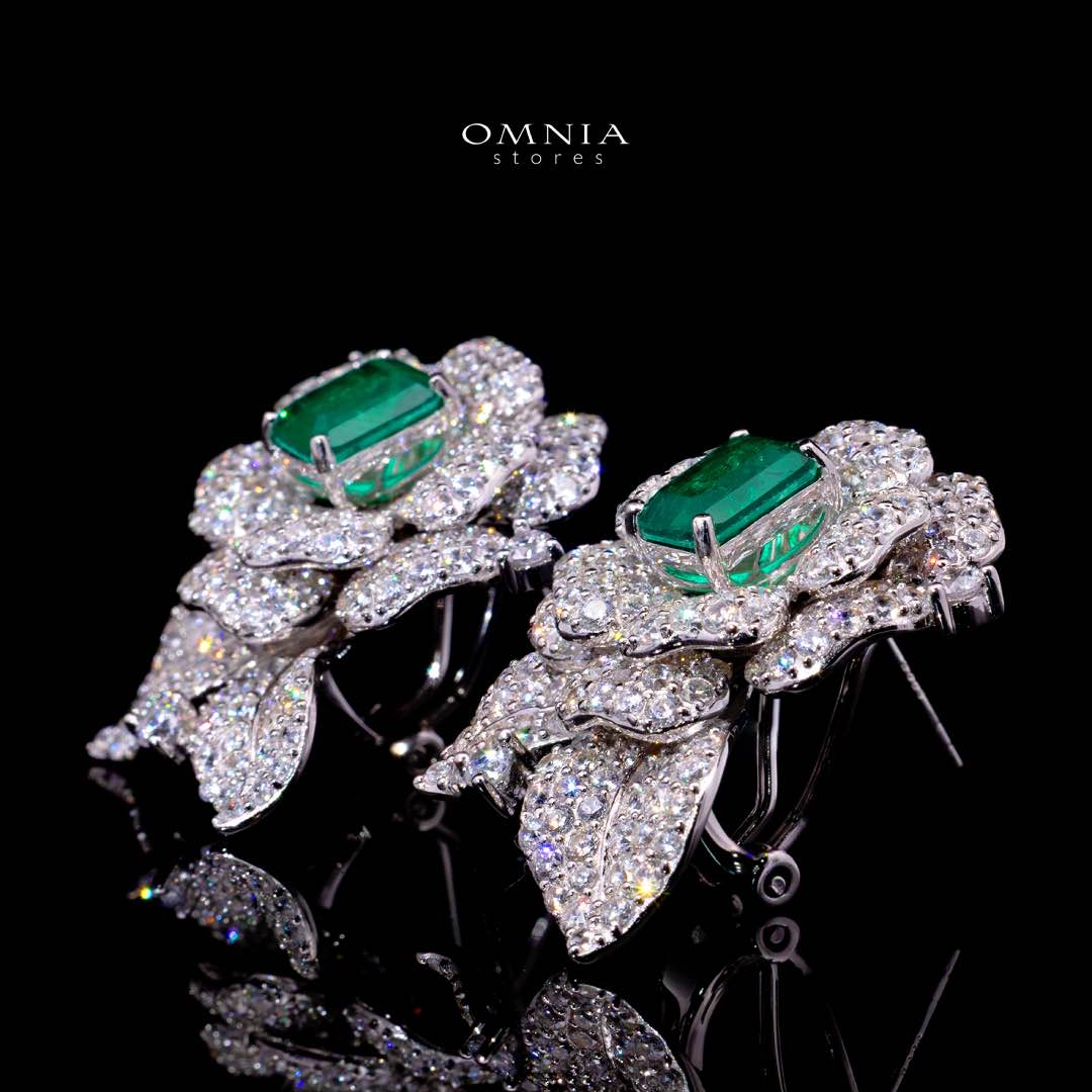 Omnia Laina White and Green Clip Earrings With High Quality Simulated Diamonds in 925 Silver - Image 2