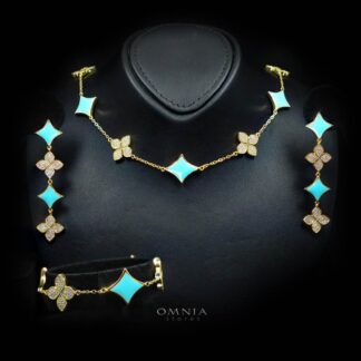 Omnia Golden Clove Turquoise Choker Full Set with High-Quality Simulated Diamonds Gold Plated