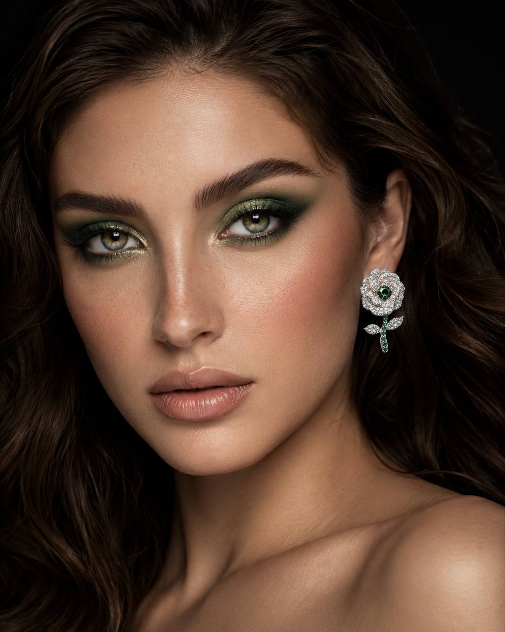 Omnia Rena White and Green Clip Earrings With High Quality Simulated Diamonds in 925 Silver - Image 3