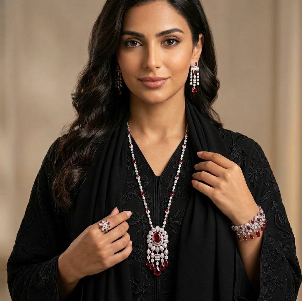 Aleya Red Luxury Bridal Full Long chain Set in High Quality Simulated Diamonds Rhodium Plated - Image 2