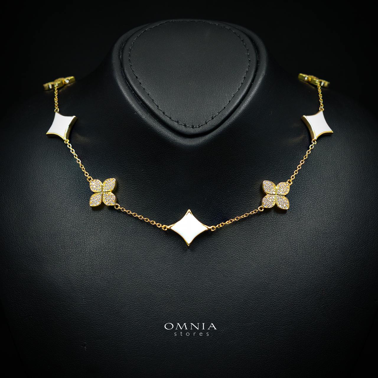Omnia Golden Clove White Choker Full Set with High-Quality Simulated Diamonds Gold Plated 42cm - Image 2